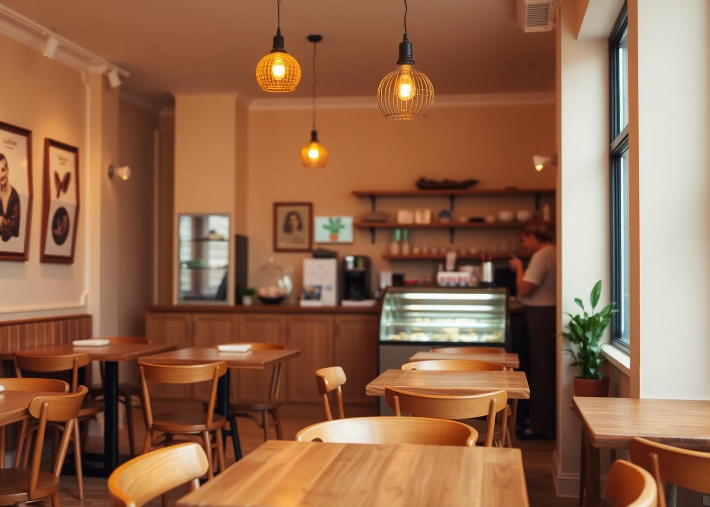 Salão da pâtisserie com mesas de madeira e iluminação quente