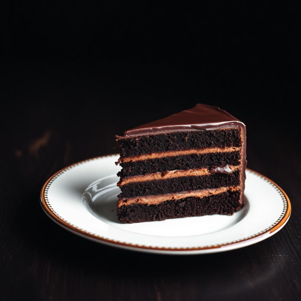 Fatia de bolo de chocolate em camadas com ganache