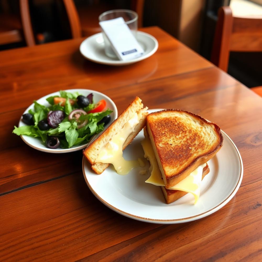 Croque-monsieur tostado servido com salada em um prato