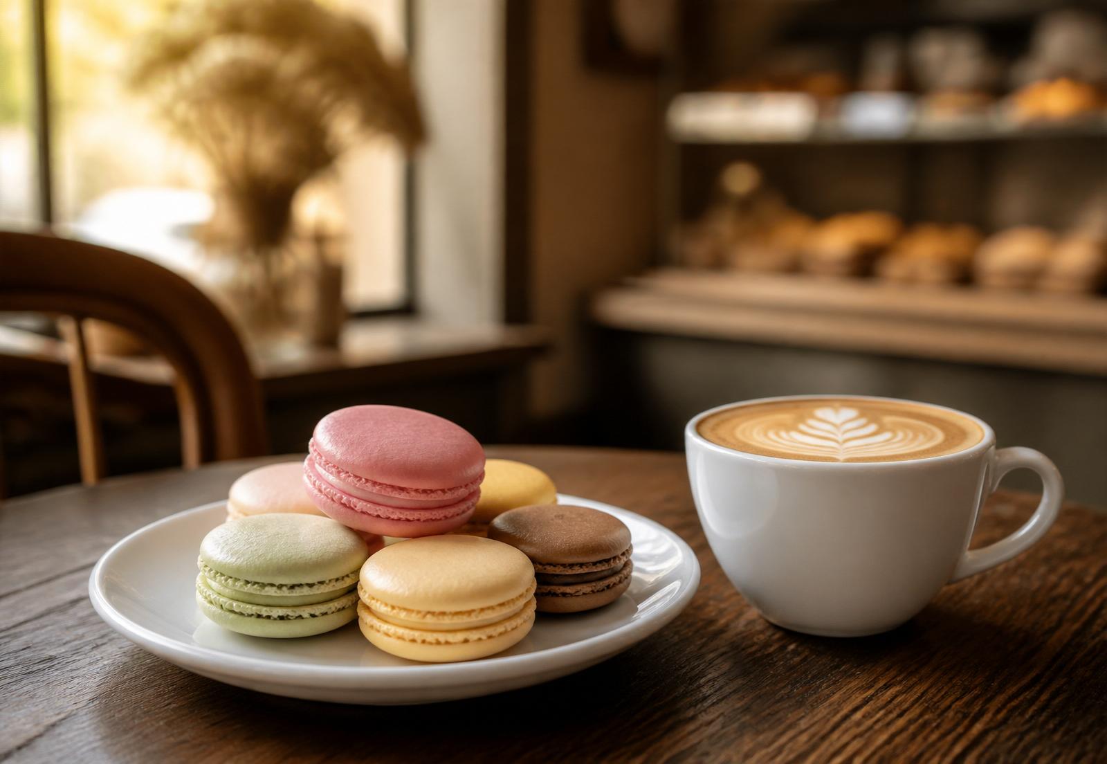 Macarons e um cappuccino servidos sobre mesa de madeira na cafeteria