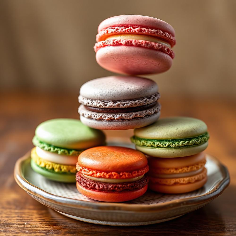 Macarons coloridos empilhados em um pratinho de cerâmica