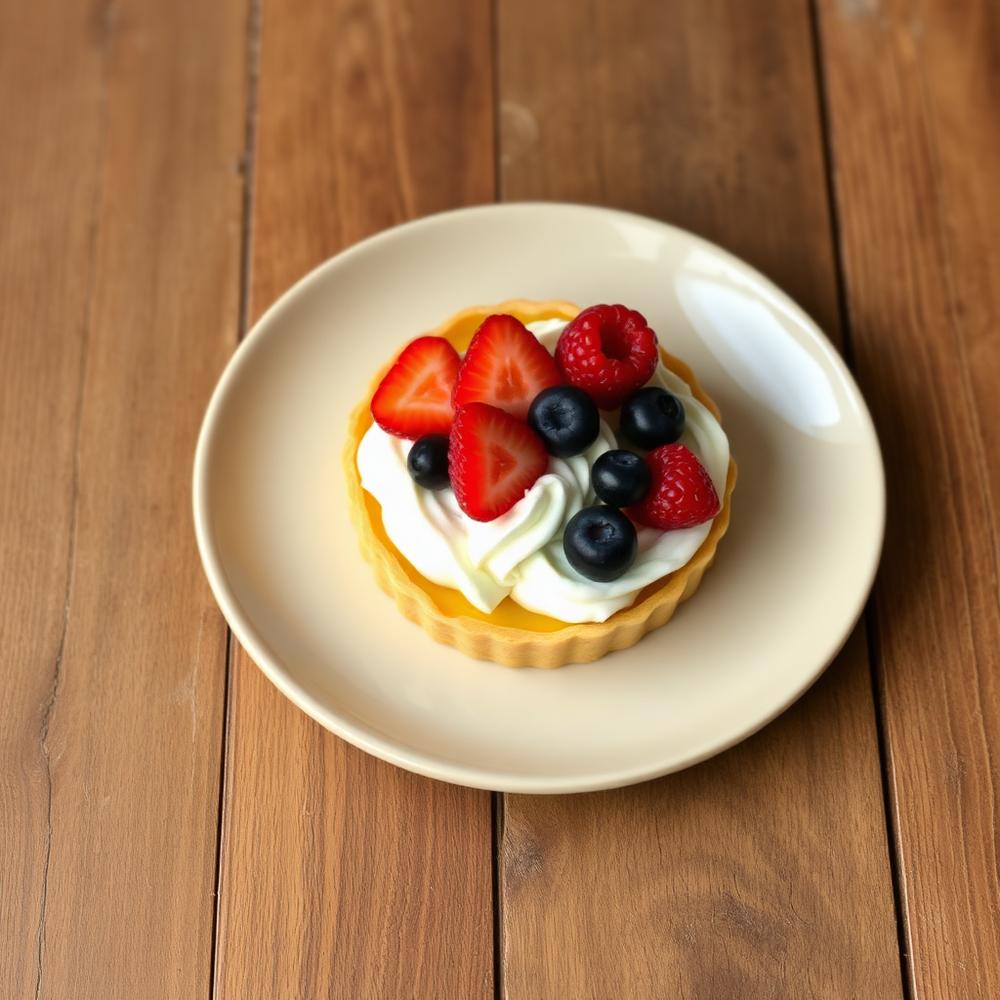 Torta individual com creme e frutas vermelhas sobre mesa de madeira